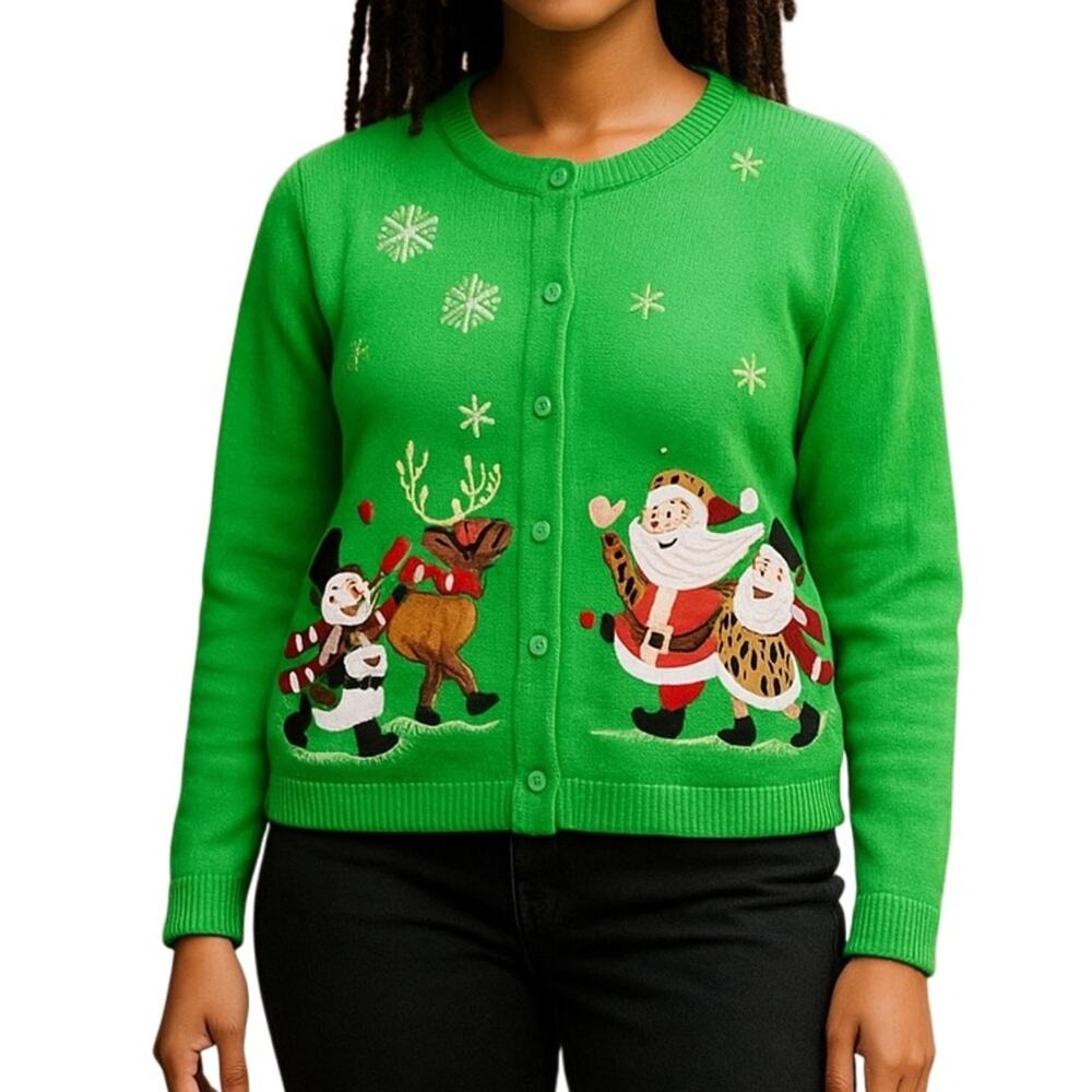 Vintage 90s Christmas Cardigan Green Embellished Holiday Sweater Grandma Core M